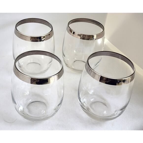 WINE GLASSES-STEMLESS-Clear Glass With Silver Rims-Rounded-Set of 4 - Picture 3 of 9